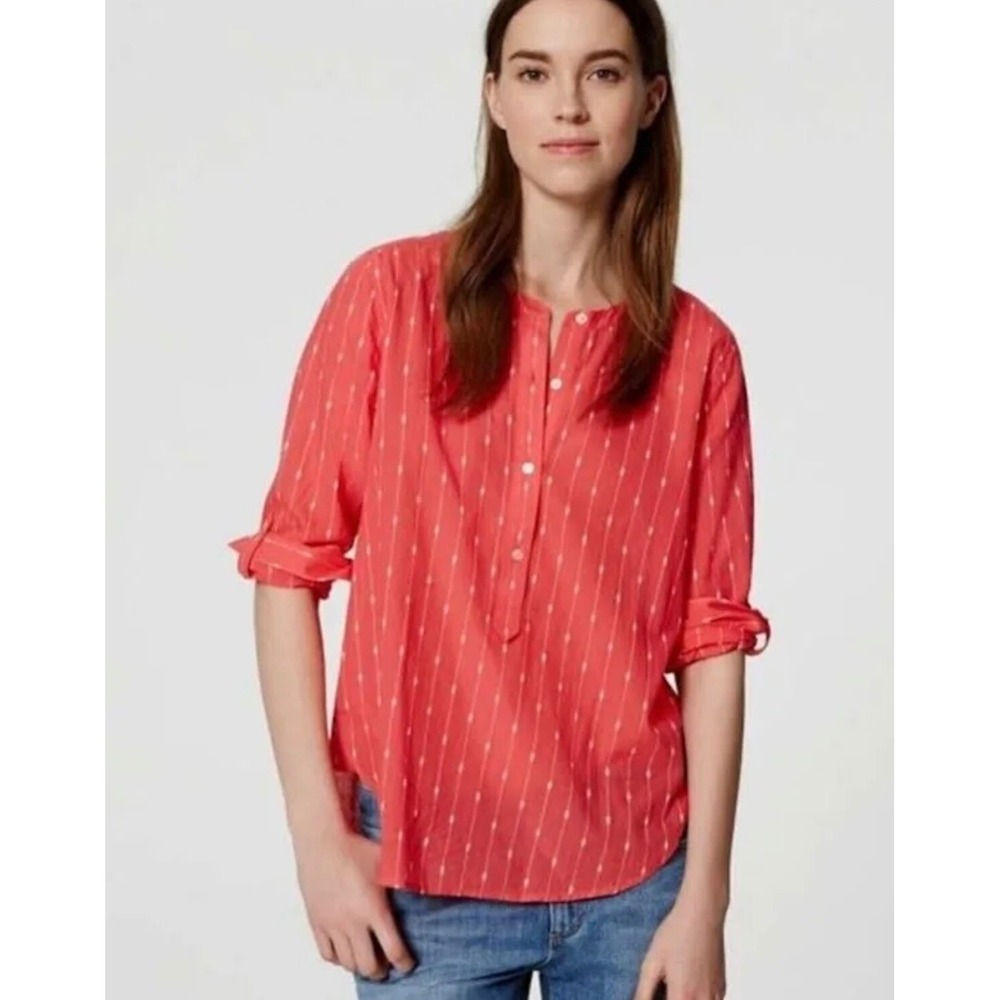 LOFT Women Medium Salmon Pink 100% Cotton Softened Shirt Long Sleeve Popover NWT